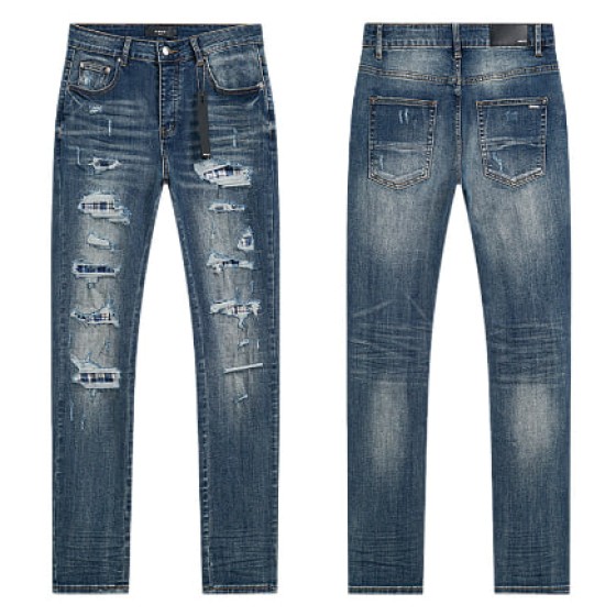 Blue Washed Denim Jeans with Plaid Lined Distressing